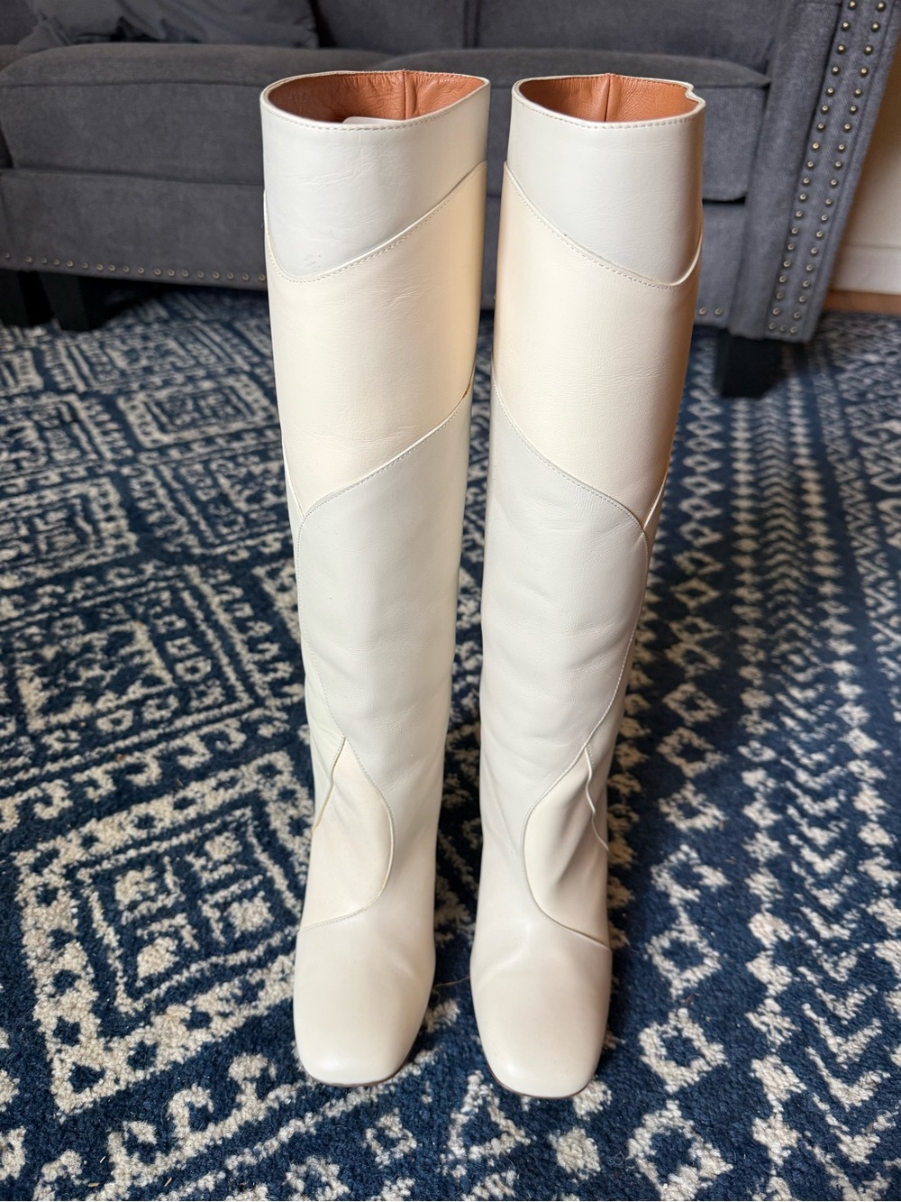 Cream Leather Over-the-Knee Heeled Boots